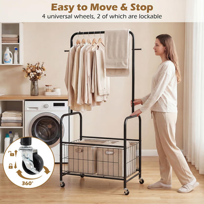 Goflame 35" Clothes Rack with Storage Basket & Lockable Wheels