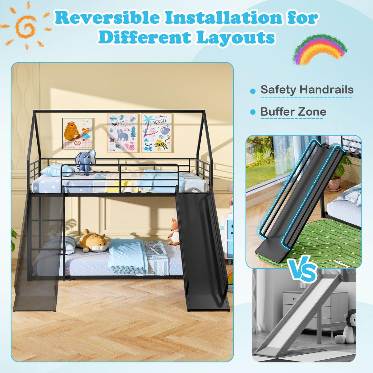 Goflame Twin Over Twin Bunk Bed with Slide & Ladder House-Shaped Metal Bunk Bed Frame with Safety Guardrail & Roof