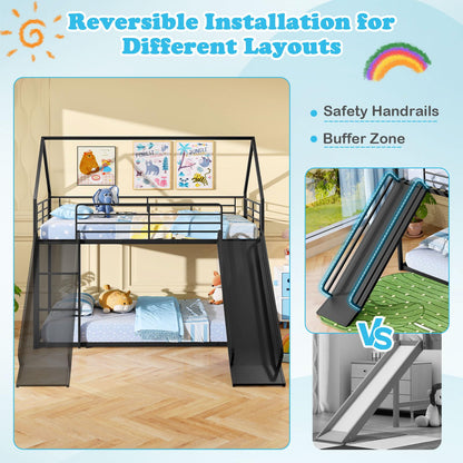 Goflame Twin Over Twin Bunk Bed with Slide & Ladder House-Shaped Metal Bunk Bed Frame with Safety Guardrail & Roof