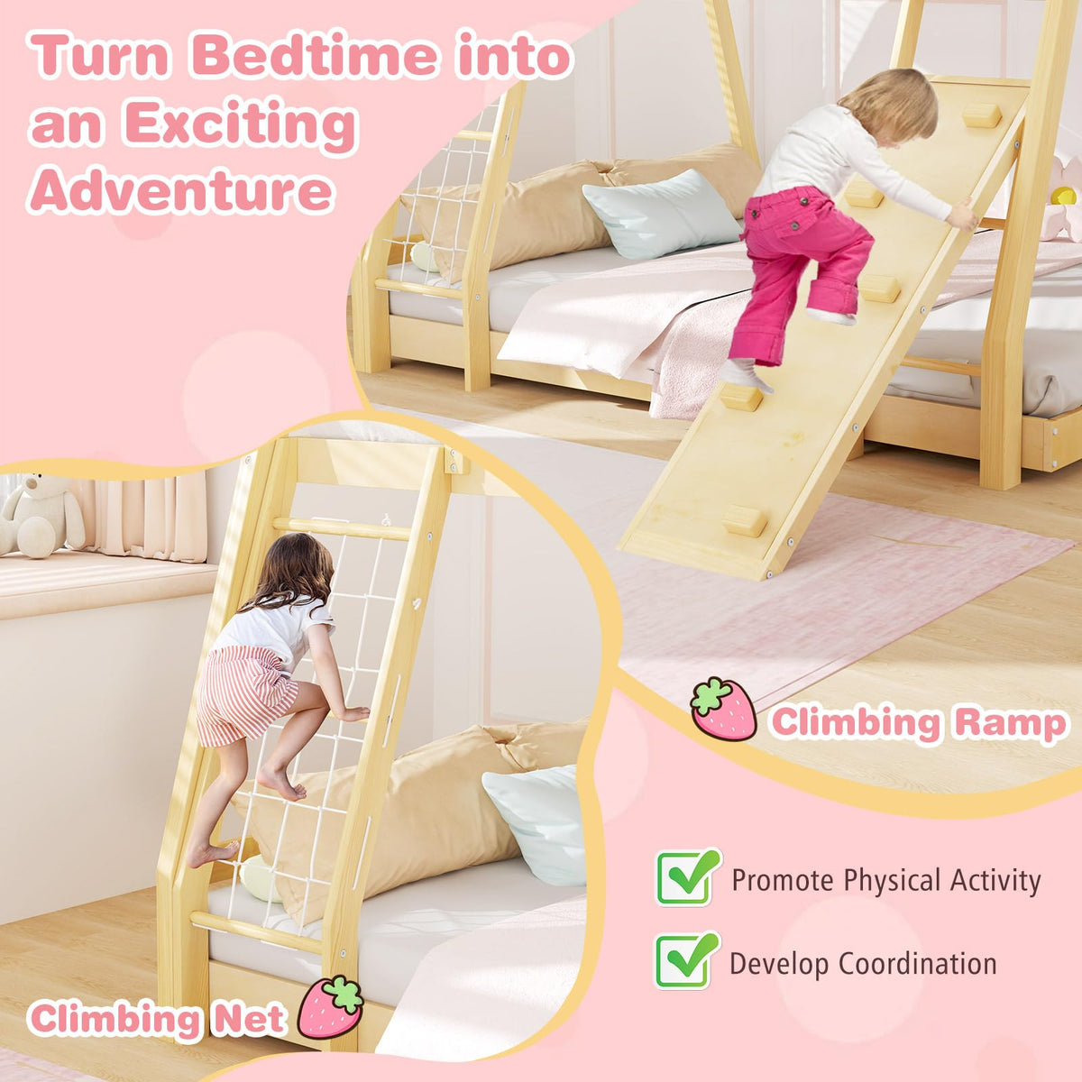 Goflame Twin Over Queen Bunk Bed, Wood House Bunk Bed for Kids with Climbing Nets and Ramp
