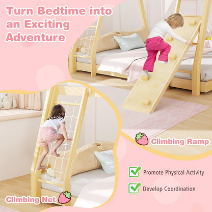 Goflame Twin Over Queen Bunk Bed, Wood House Bunk Bed for Kids with Climbing Nets and Ramp
