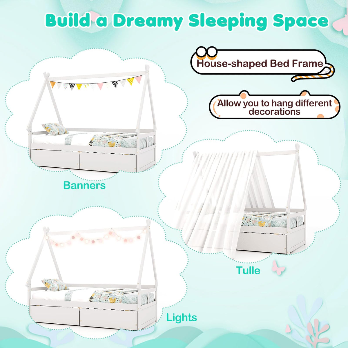 Goflame Twin Bed with 2 Storage Drawers, Wood Montessori House Tent Bed Frame with Safety Guardrail