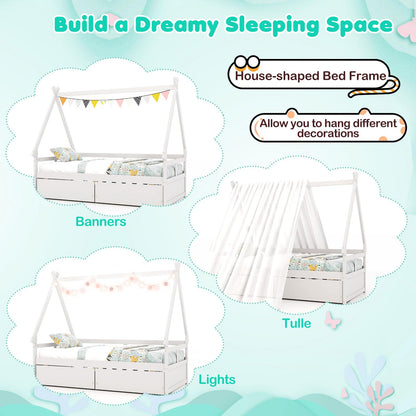 Goflame Twin Bed with 2 Storage Drawers, Wood Montessori House Tent Bed Frame with Safety Guardrail