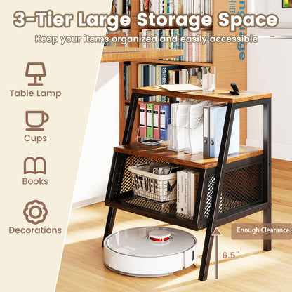 Goflame Industrial Nightstand 3-Tier End Table with 2 Open Shelves and Metal Mesh Compartment
