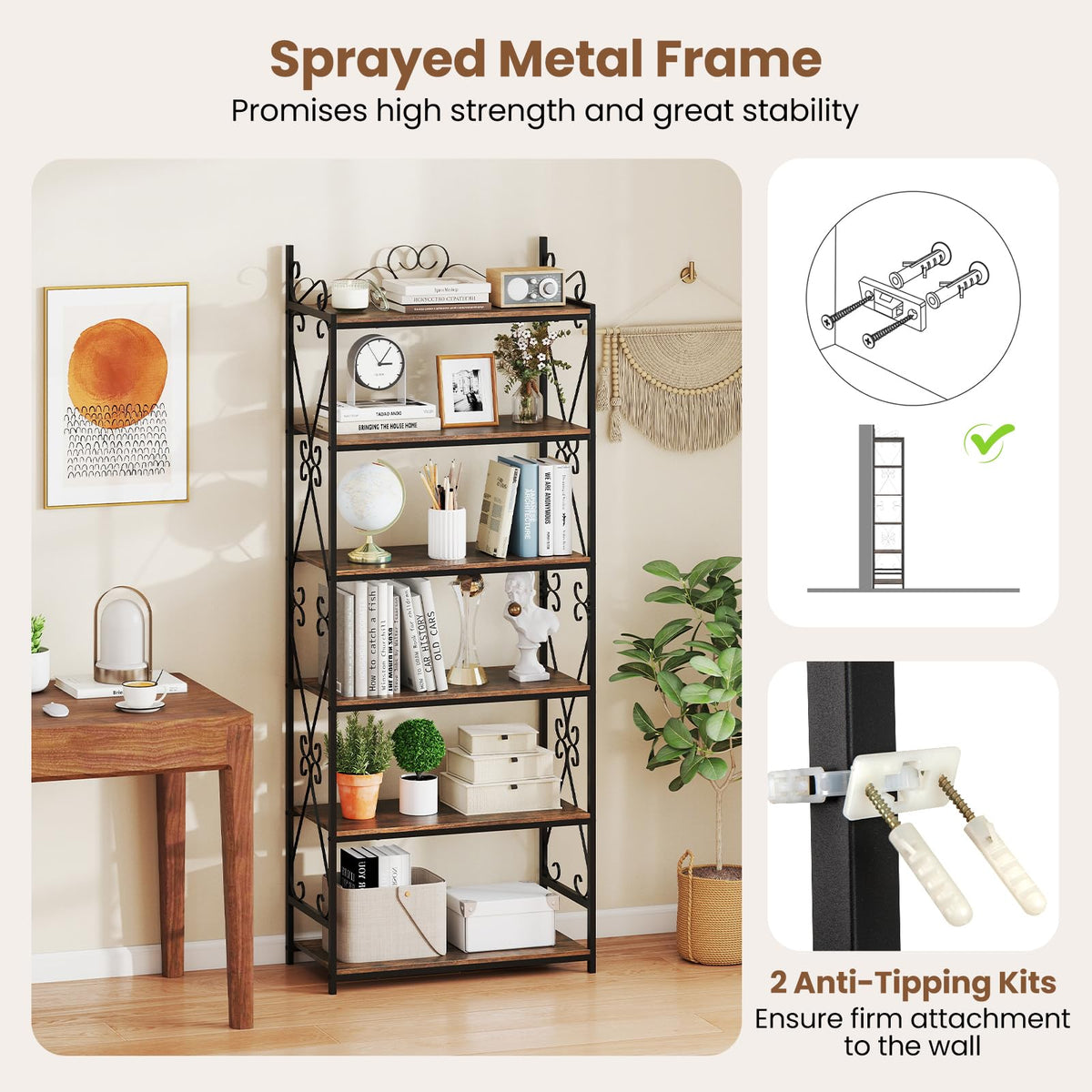 Goflame 6-Tier Bookshelf Industrial Bookcase with 2 Anti-Tipping Kits and Metal Frame