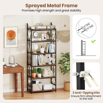 Goflame 6-Tier Bookshelf Industrial Bookcase with 2 Anti-Tipping Kits and Metal Frame