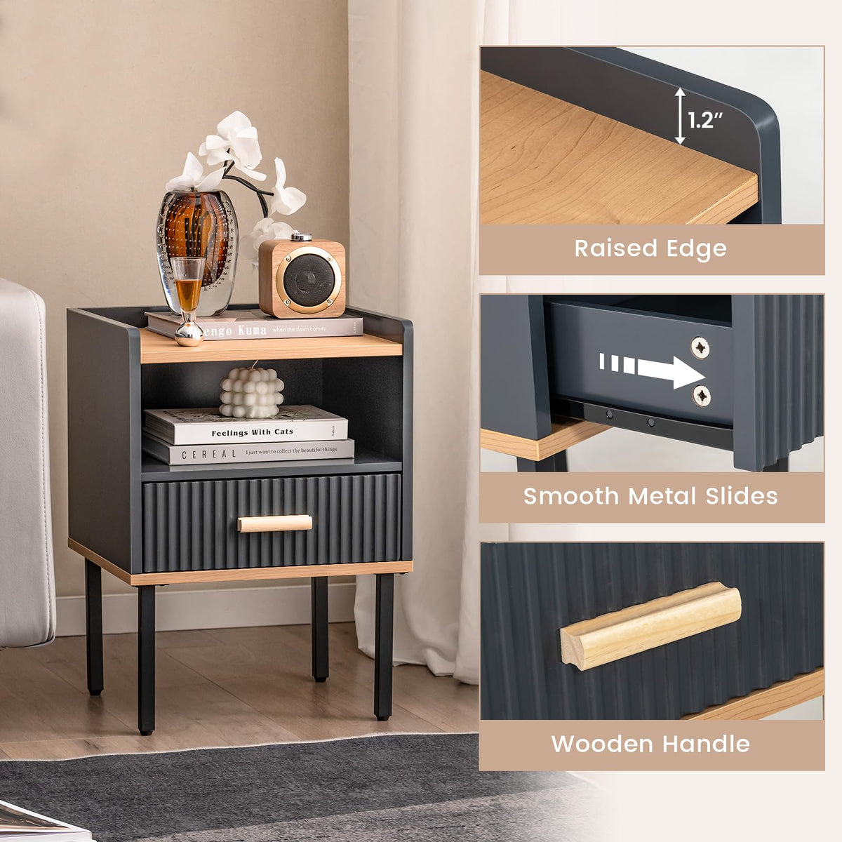 Goflame Modern Nightstand with Drawer - Bedside Table with Open Shelf, Gray