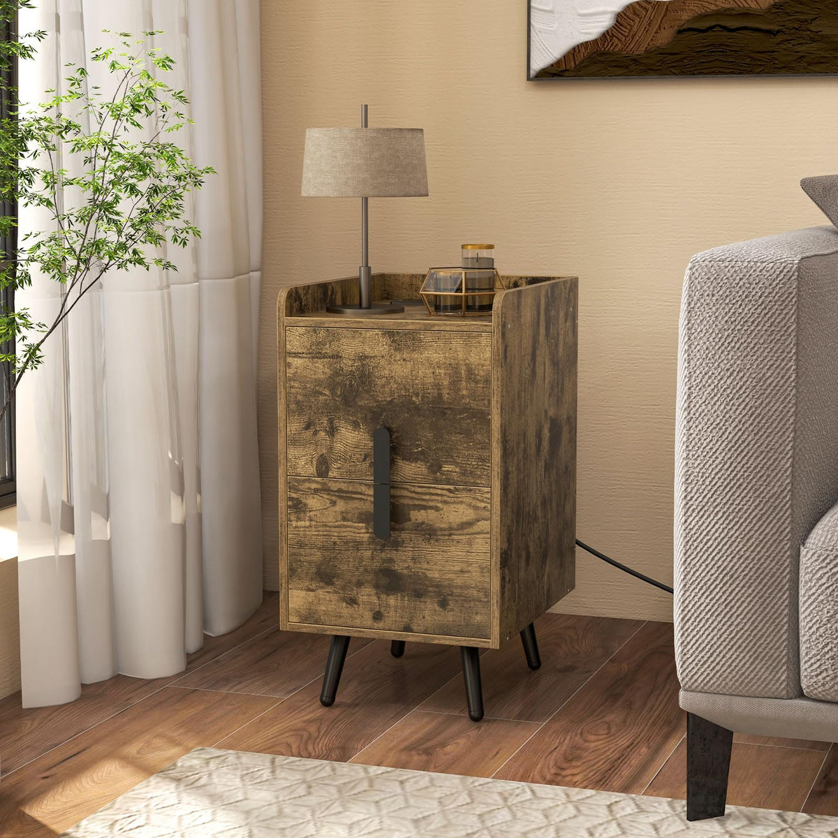 Goflame Nightstand with Charging Station, Narrow End Table with 2 Drawers & Metal Gold Legs