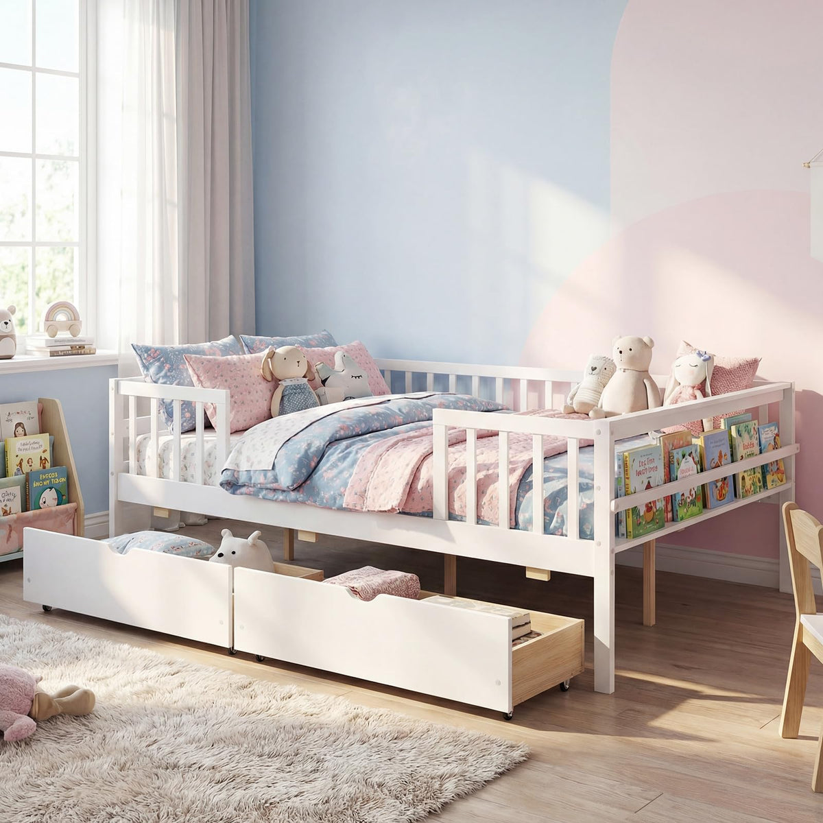 Goflame Full Kids Bed with Storage Drawers Wood Montessori Bed