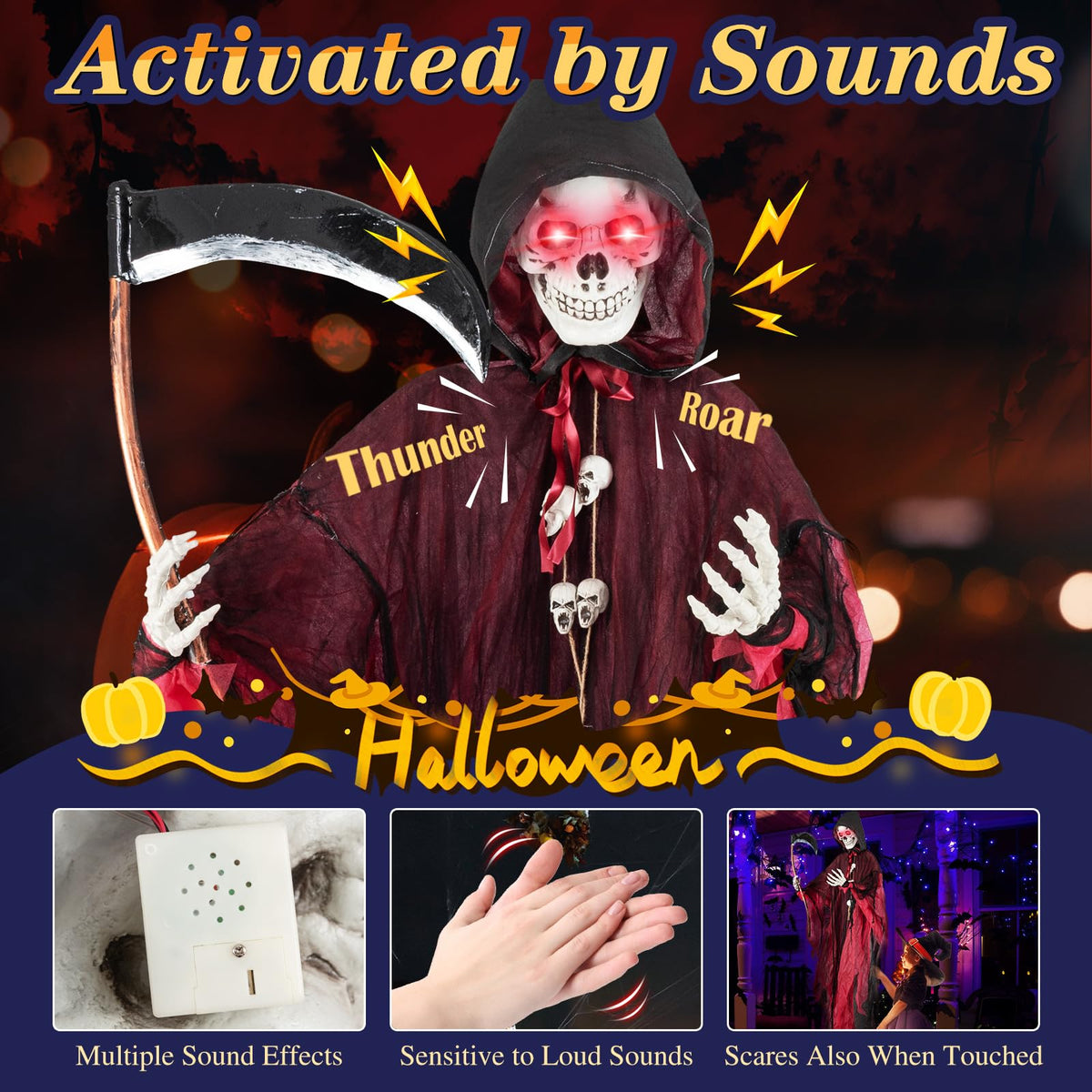 Goflame 8 Ft Halloween Animatronics, Sound & Touch Activated Grim Reaper with Sickle, Glowing LED Eyes & Scary Voices