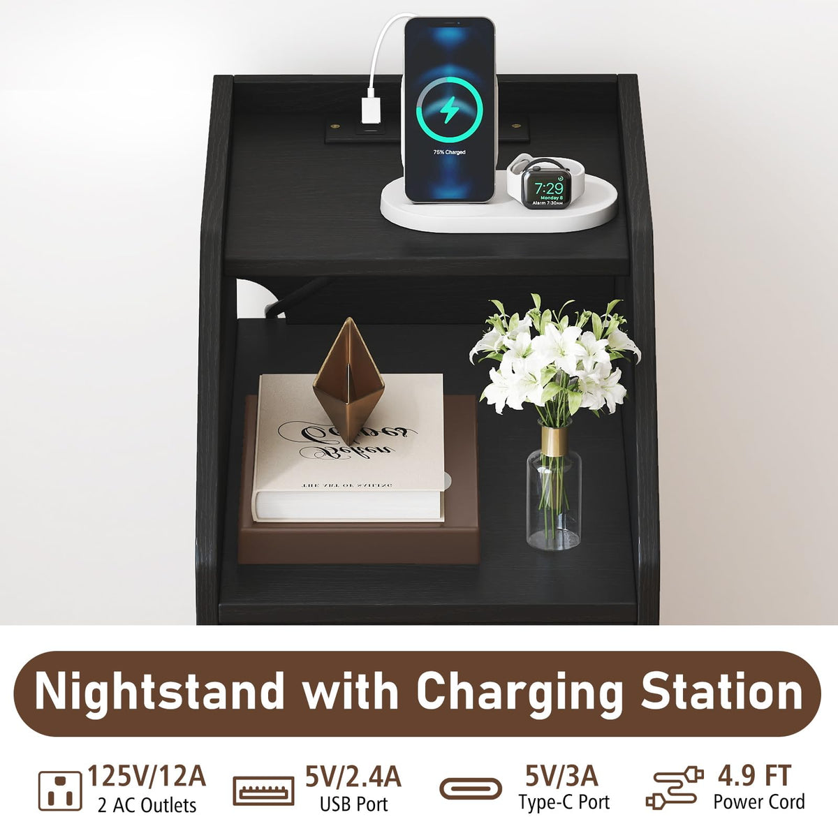 Goflame Side End Table with Charging Station Sofa Couch Table with Shelf Drawers