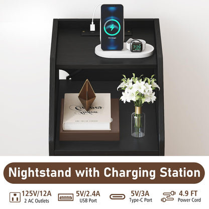 Goflame Side End Table with Charging Station Sofa Couch Table with Shelf Drawers