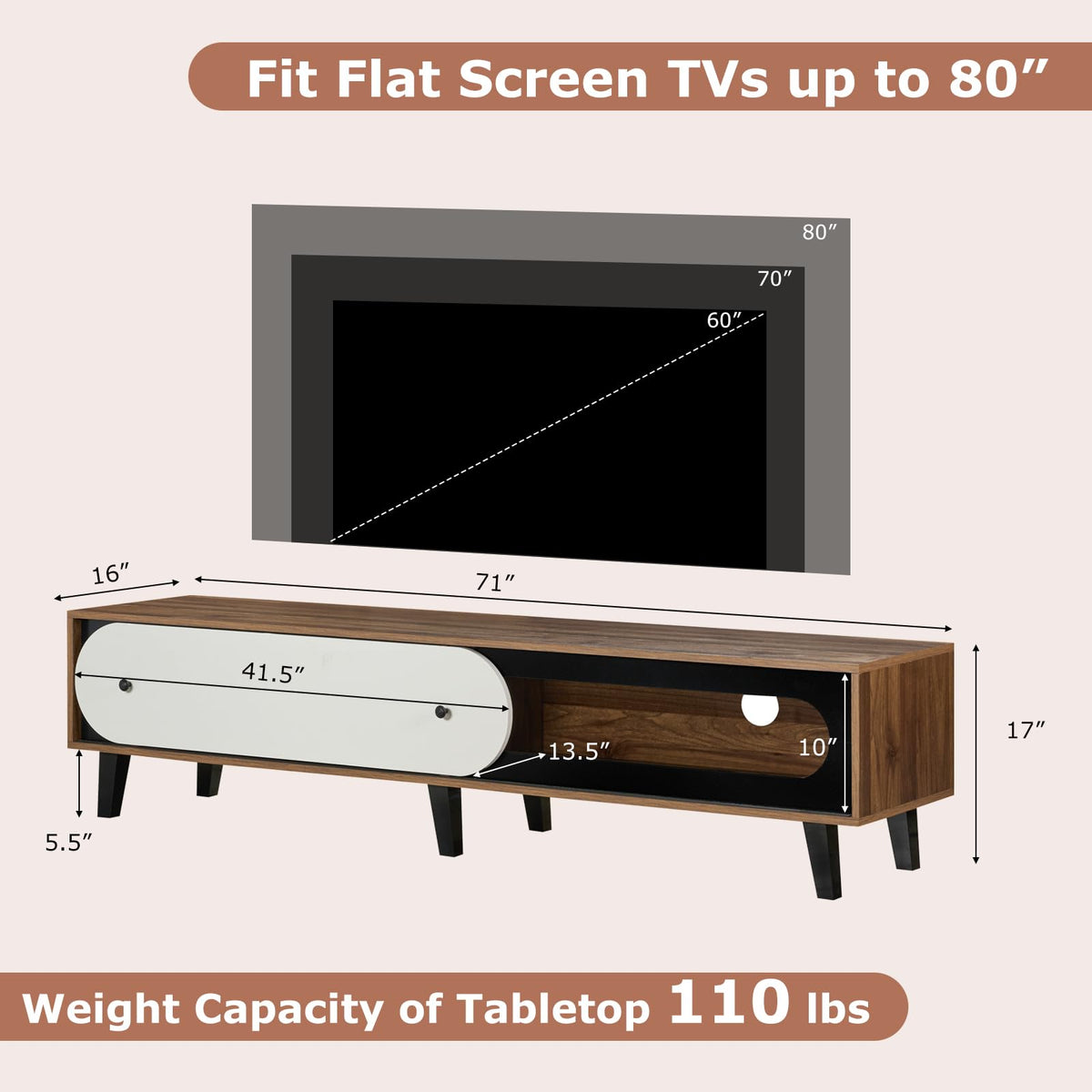 Goflame TV Stand for 80 Inch TVs Mid Century Modern Entertainment Center with Sliding Door Cabinet