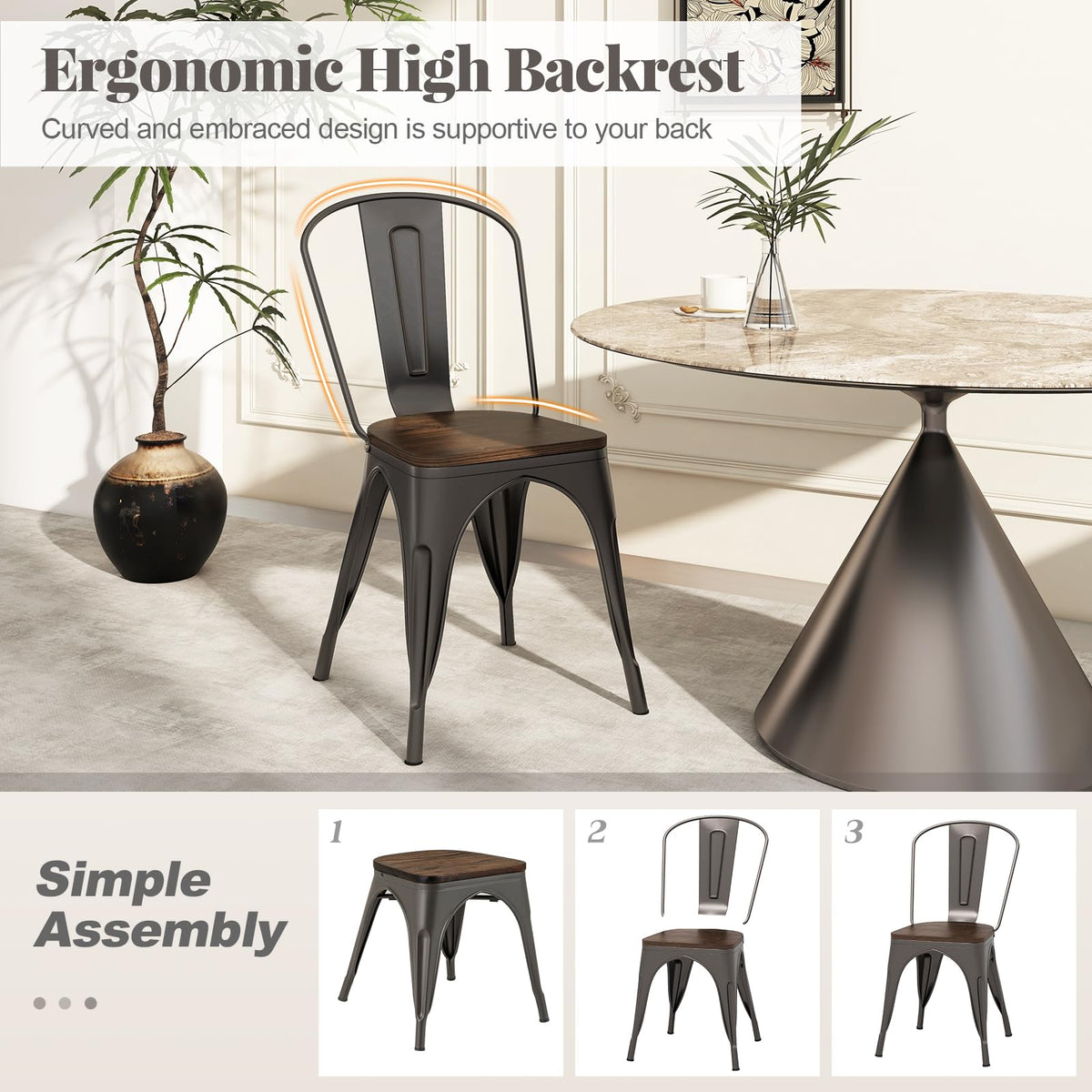 Goflame Metal Dining Chairs Set of 4, Stackable Kitchen Chairs with Wood Seat & Removable Backrest