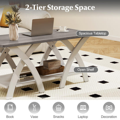 Goflame Farmhouse Coffee Table 2-Tier Wood Center Table with Storage Shelf & X-Shaped Support Legs