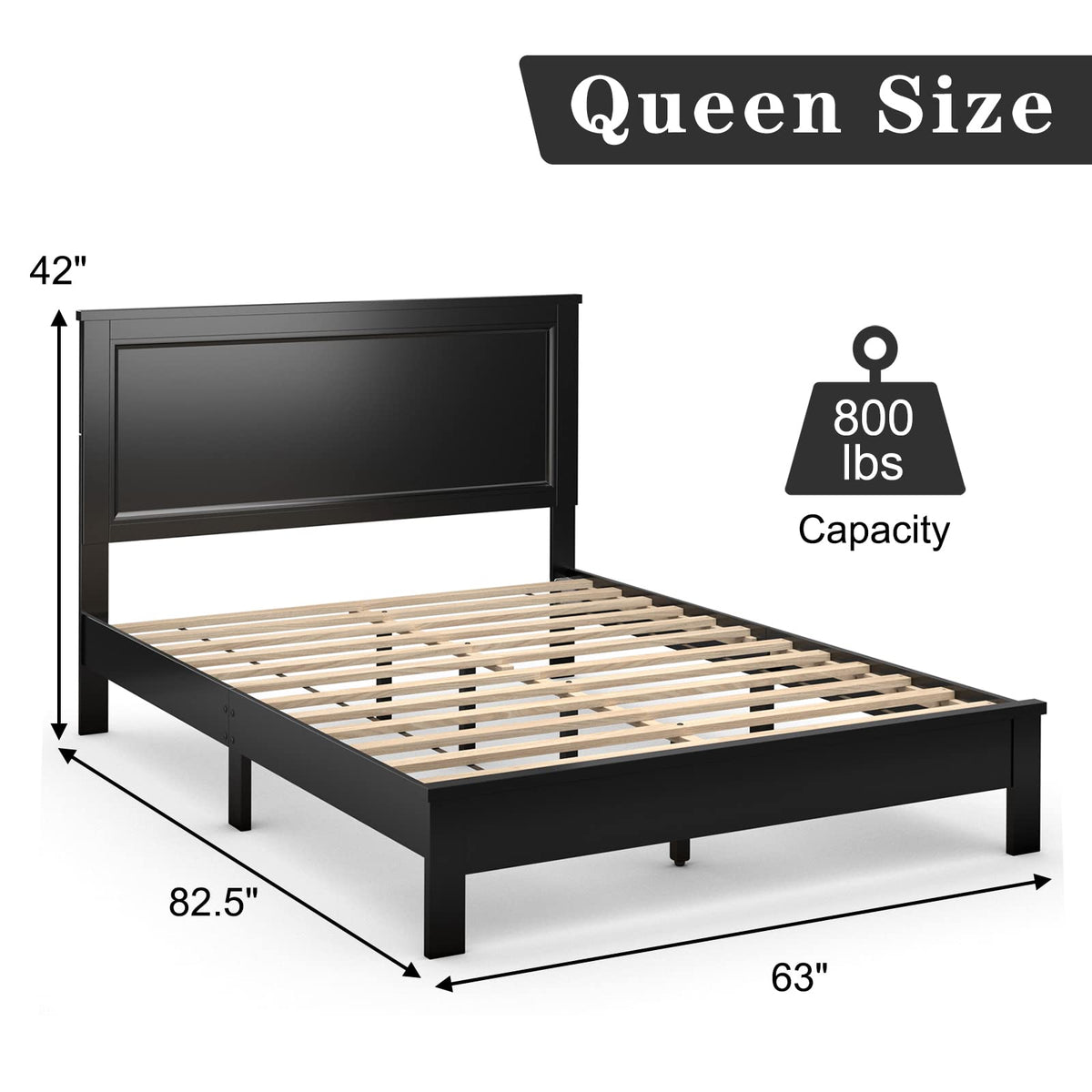Queen/Full/Twin Size Platform Bed w/ Rubber Wood Legs & Integrated Headboard | Wooden Bed Frame