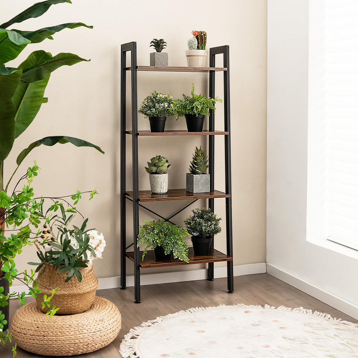 Goflame Industrial 4-Tier Bookshelf, Ladder Bookshelf with Metal Frame, Anti-Tipping Kits