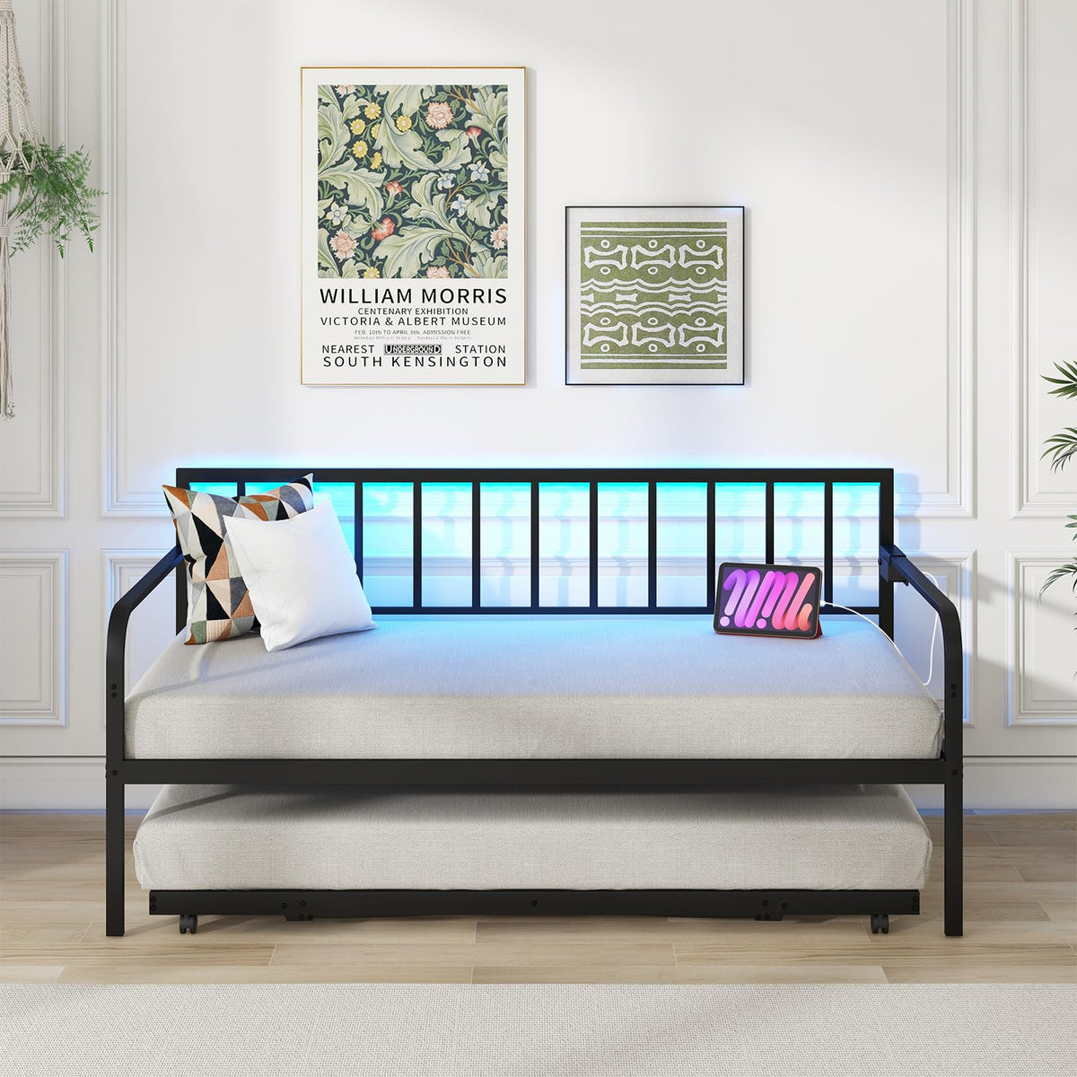 Goflame Twin Daybed with Trundle, Metal Day Bed with Charging Station & LED Lights