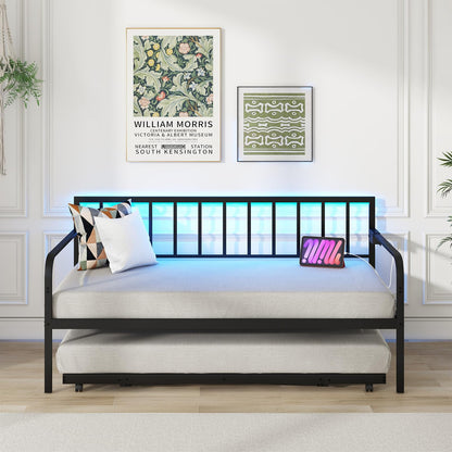Goflame Twin Daybed with Trundle, Metal Day Bed with Charging Station & LED Lights