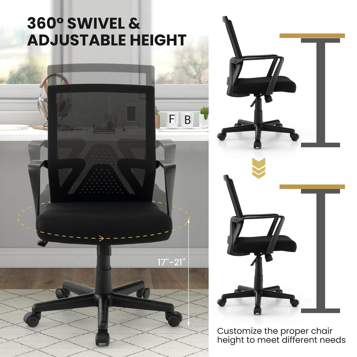 Goflame Office Desk Chair with Lumbar Support, Ergonomic Mesh Office Chair with Wheels and Armrests