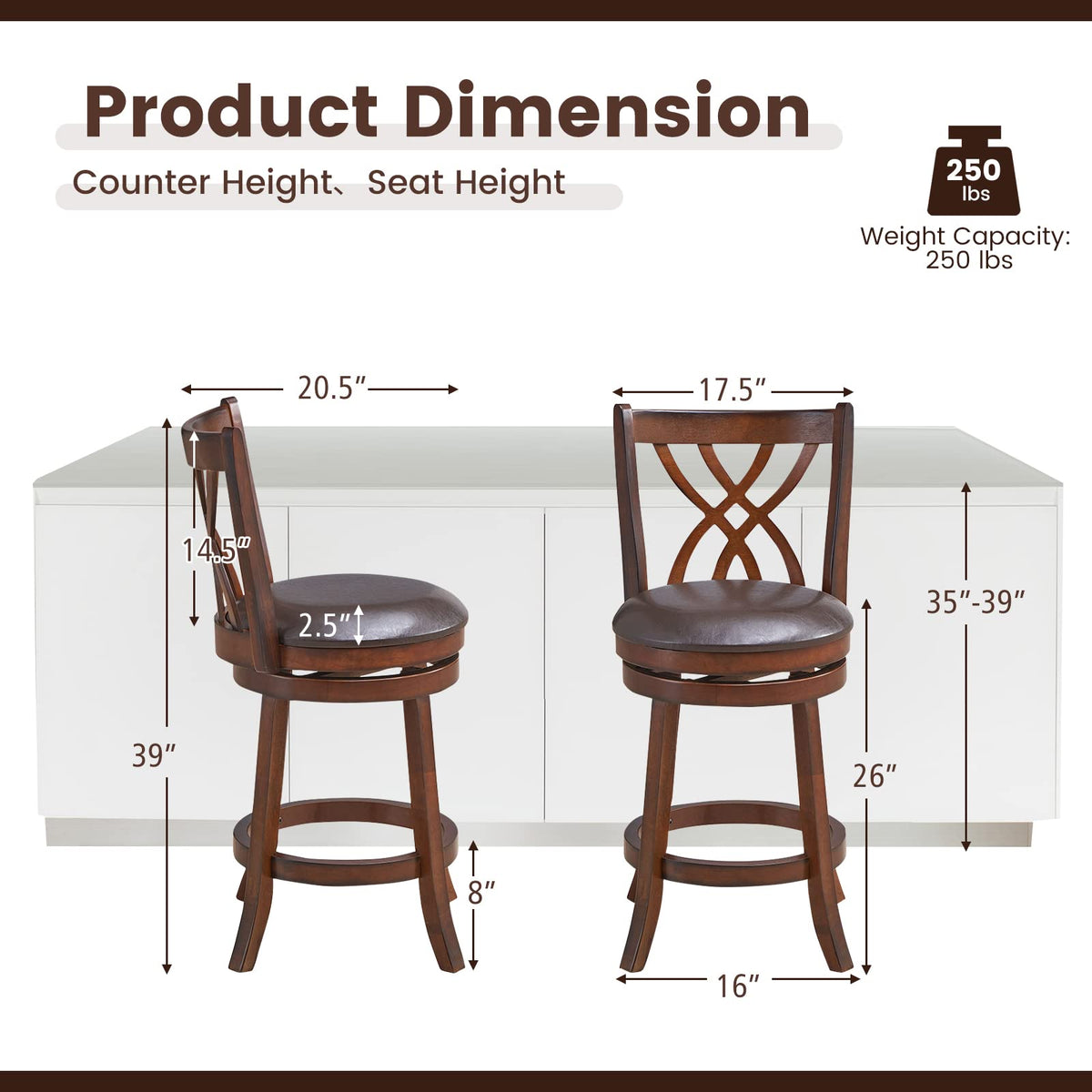Goflame Brown Bar Stools PU Leather Cushioned Seat and Footrests, for Kitchen Island