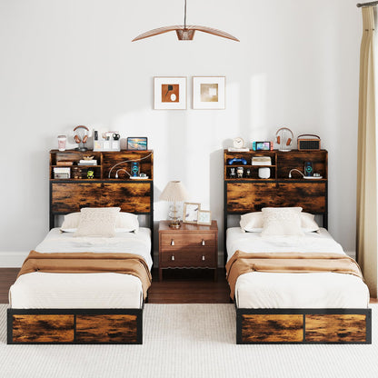 Goflame King/Queen/Twin Size Bed Frame with Storage Headboard and Charging Station, Industrial Metal Platform Bed