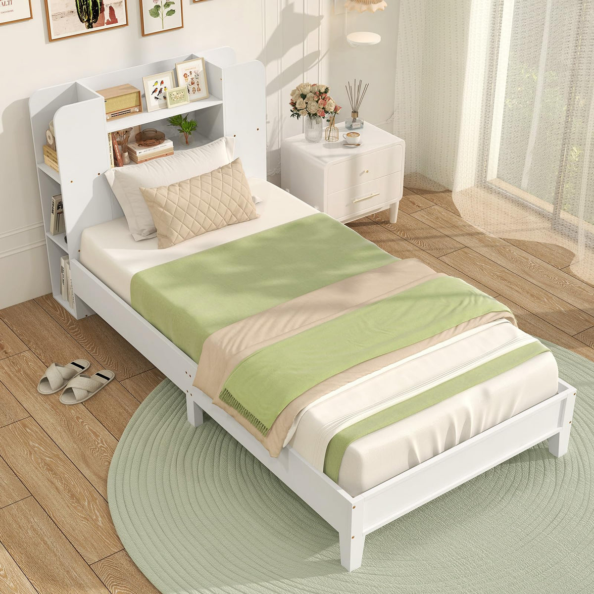 Goflame Twin Bed Frames for Kids, Wooden Twin Size Bed with Storage Bookcase Headboard