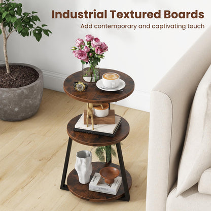 Goflame Round End Table, Industrial Side Table with Sturdy Metal Frame, Coffee Table, 3-Tier Bedside Table for Bedroom, Living Room
