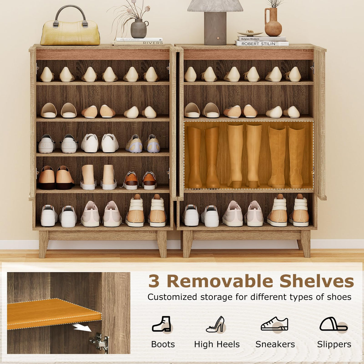 Goflame Wooden Shoe Cabinet with 2 Fluted Doors