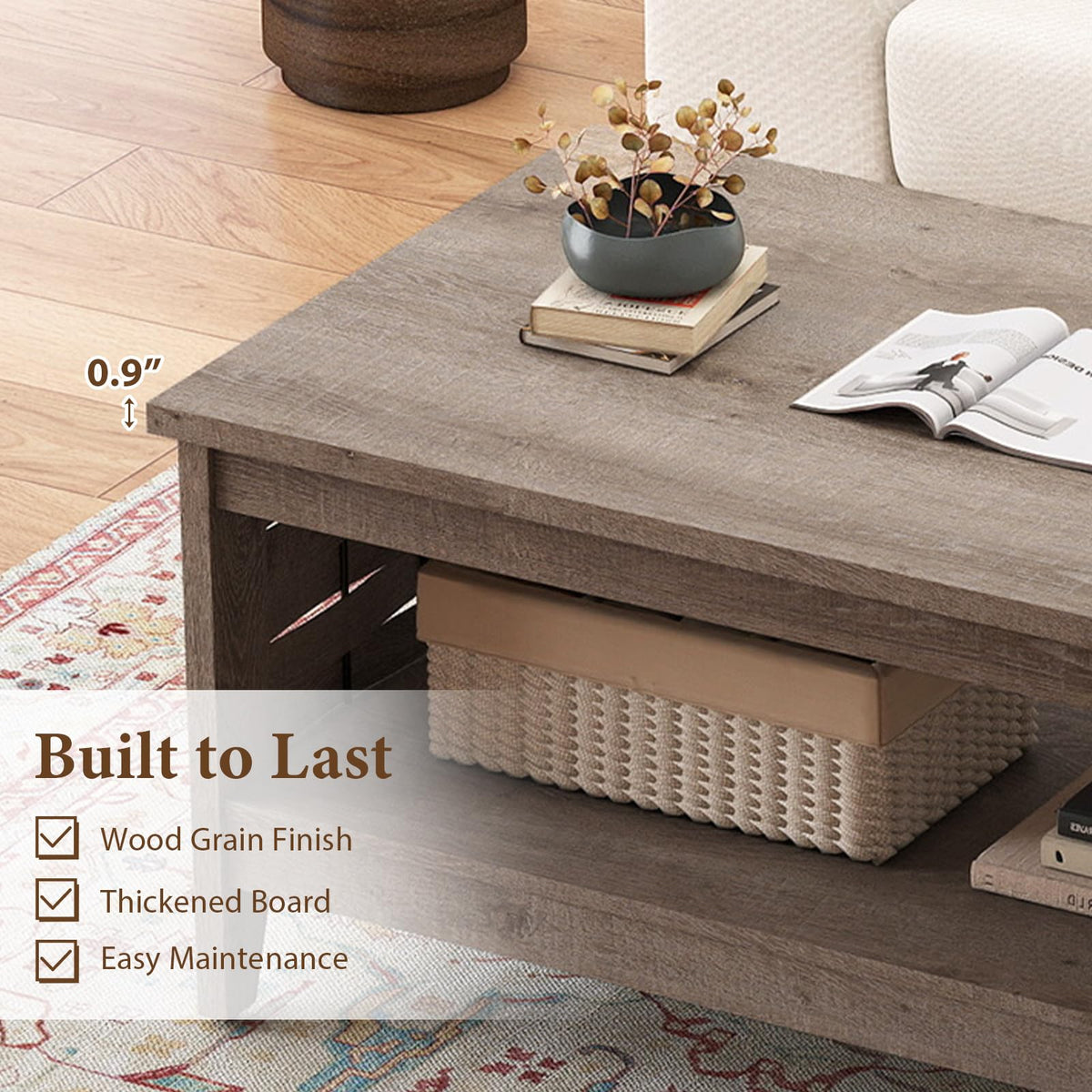 Goflame 2-Tier Farmhouse Coffee Table with Open Shelf and Woven Decorations for Living Room