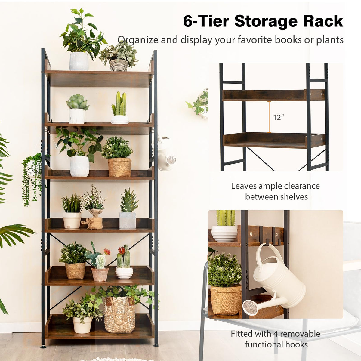 Goflame Industrial 6-Tier Bookshelf, 70" Tall Freestanding Storage Display Shelf with 4 Hooks