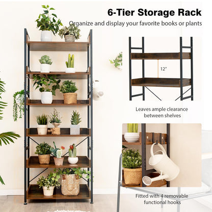 Goflame Industrial 6-Tier Bookshelf, 70" Tall Freestanding Storage Display Shelf with 4 Hooks