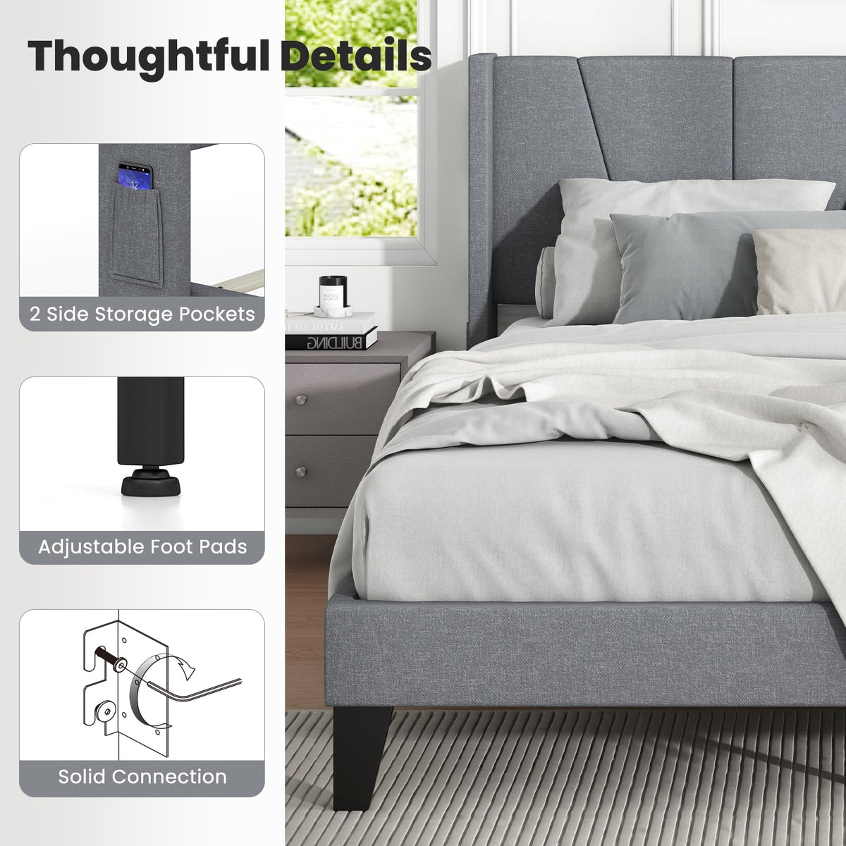 Goflame Queen/Full SizeBed Frame with Wingback Headboard