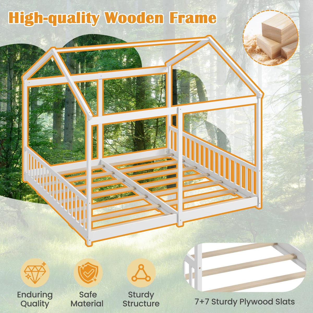 Goflame Double Twin Floor Beds for 2 Kids, Wood Twin Size House Beds with Safety Guardrails, White