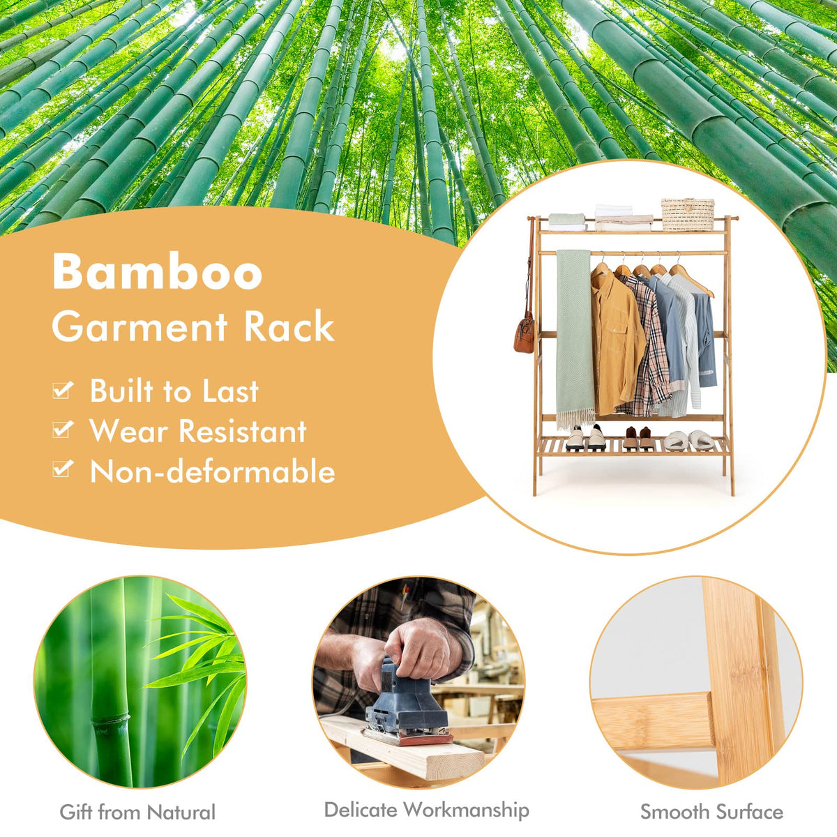 Goflame 3 Tier Bamboo Clothing Rack with Shelves, Heavy Duty Freestanding Clothes Organizer Rack with Coat Hooks