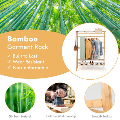 Goflame 3 Tier Bamboo Clothing Rack with Shelves, Heavy Duty Freestanding Clothes Organizer Rack with Coat Hooks