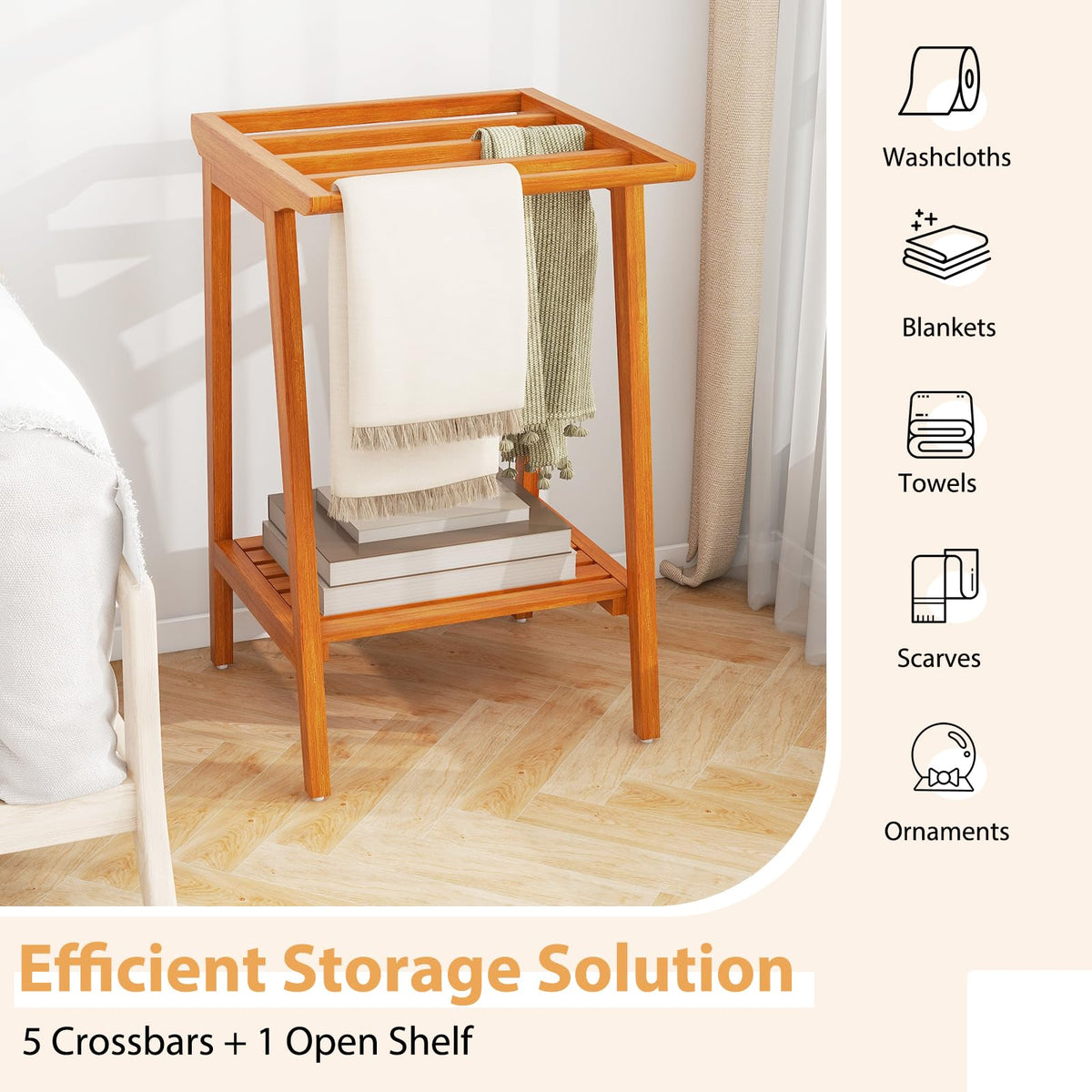 Goflame Teak Towel Rack for Bathroom, 5 Bars Freestanding Towel Racks with Storage Shelf, 19.5" L x 19.5" W x 31.5" H