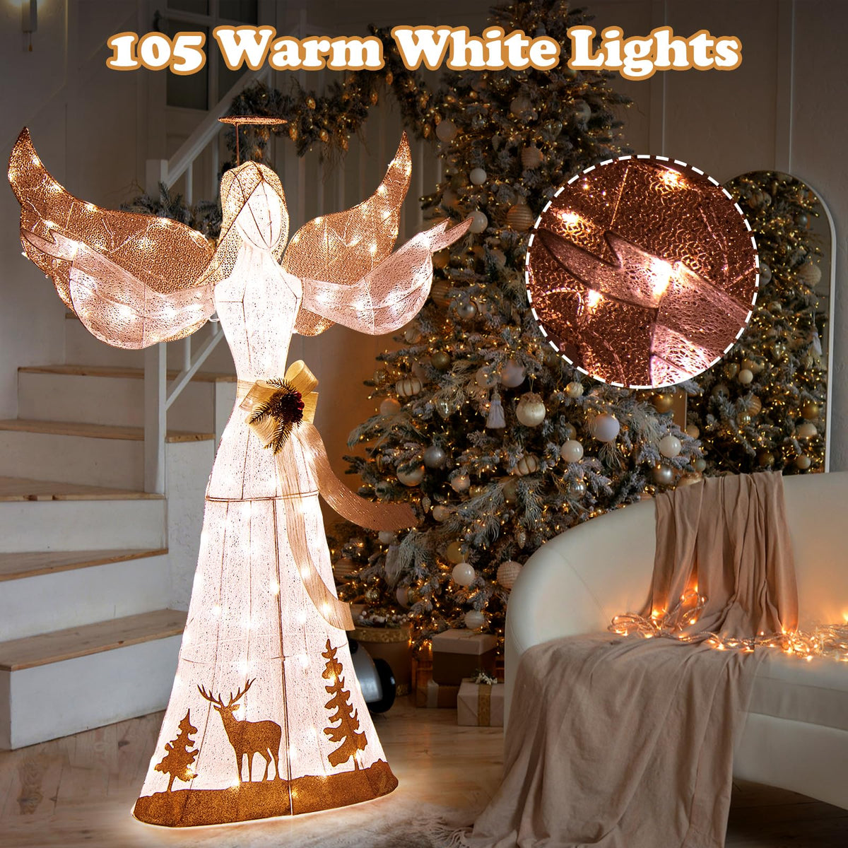 Goflame Pre-lit 3D Glittered Angel with 100 Warm White Lights Halo Bow Ground Stakes