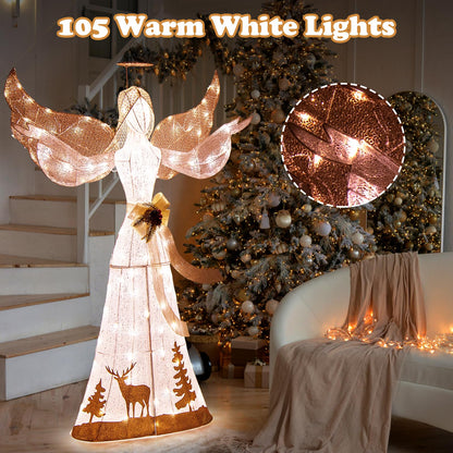 Goflame Pre-lit 3D Glittered Angel with 100 Warm White Lights Halo Bow Ground Stakes