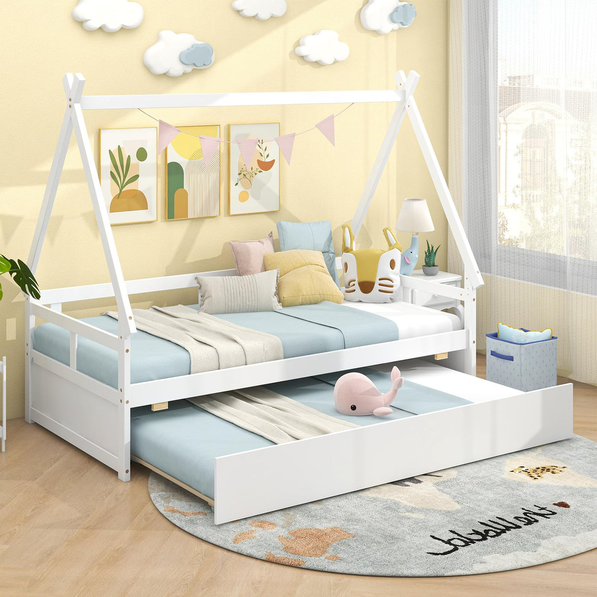 Goflame Twin House Bed with Trundle, Wood Montessori Tent Bed Frame with Safety Guardrail
