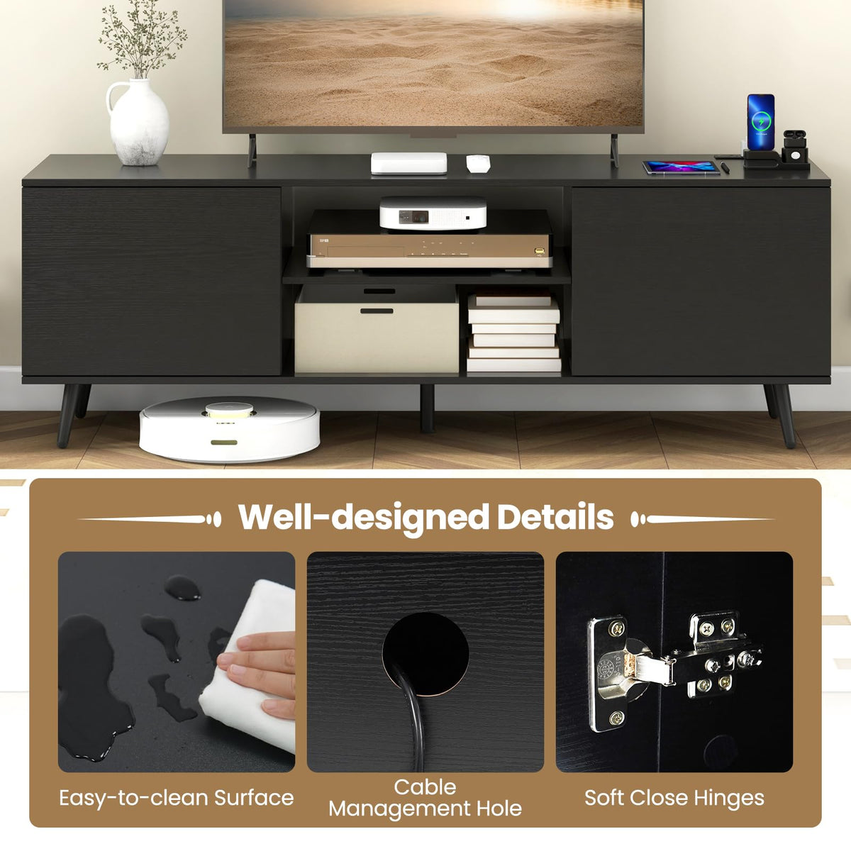 Goflame TV Stand with Power Outlet for TVs up to 60'', Entertainment Center with Cable Hole, Cabinets