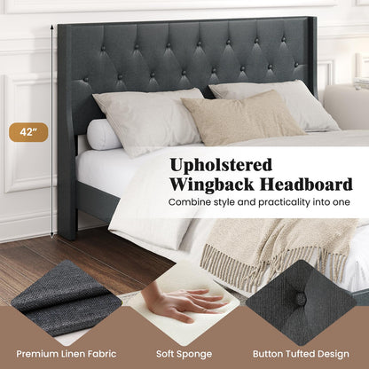 Goflame Queen Size Upholstered Bed Frame Linen Fabric Platform Bed with Button Tufted Wingback Headboard