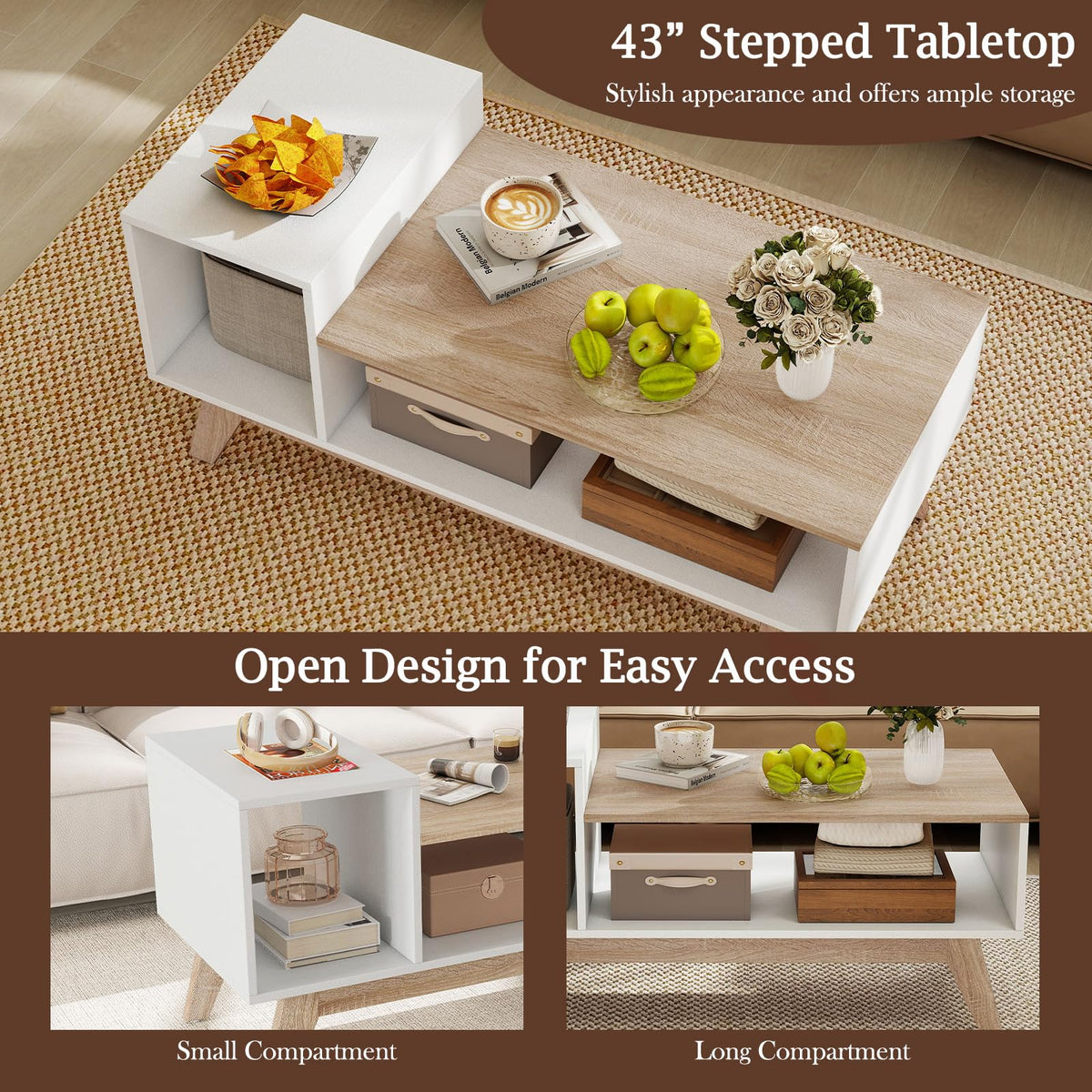 Goflame 2-Tier Coffee Table with Storage Mid Century Modern Center Table
