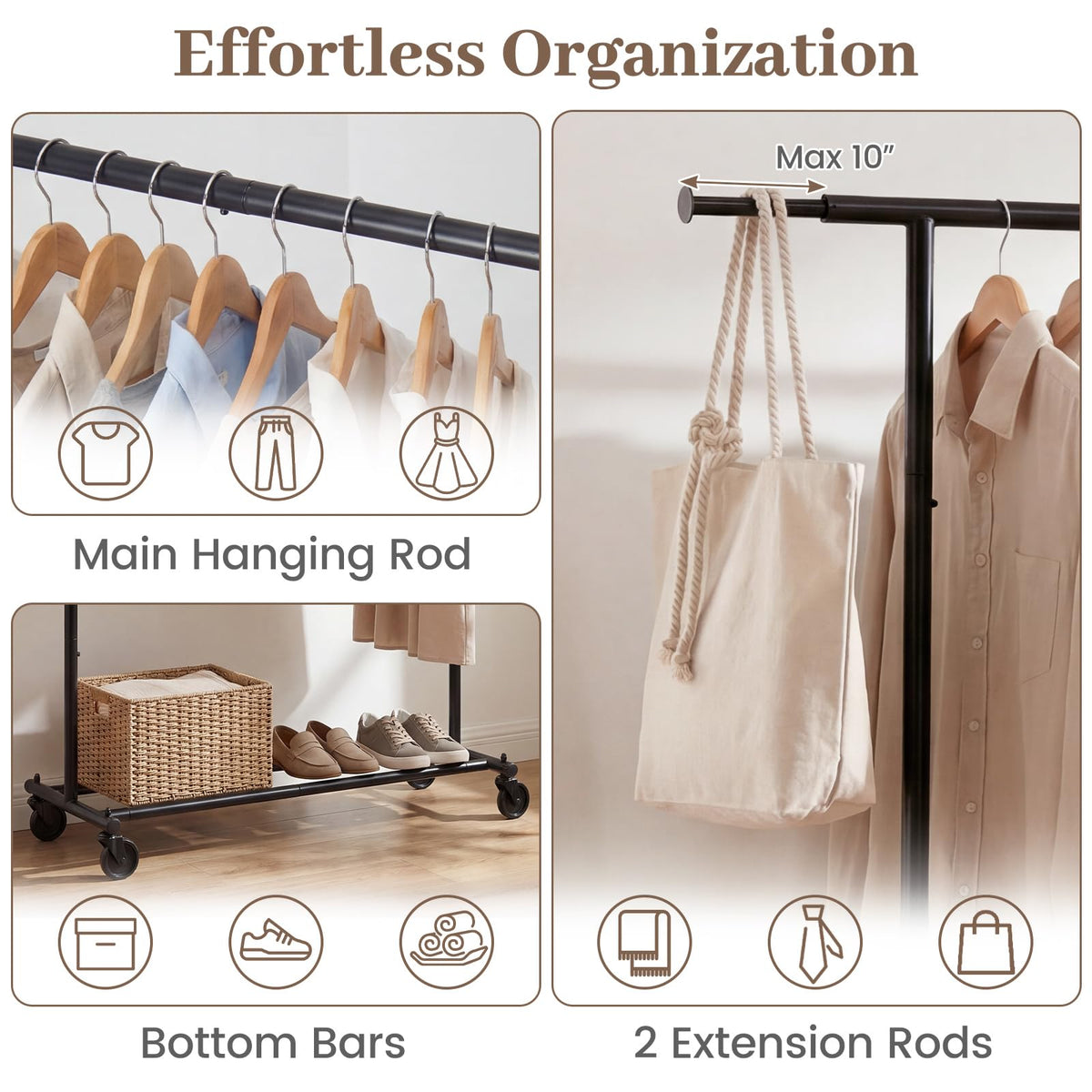 Goflame Extendable Heavy-Duty Rolling Clothing Rack with Wheels