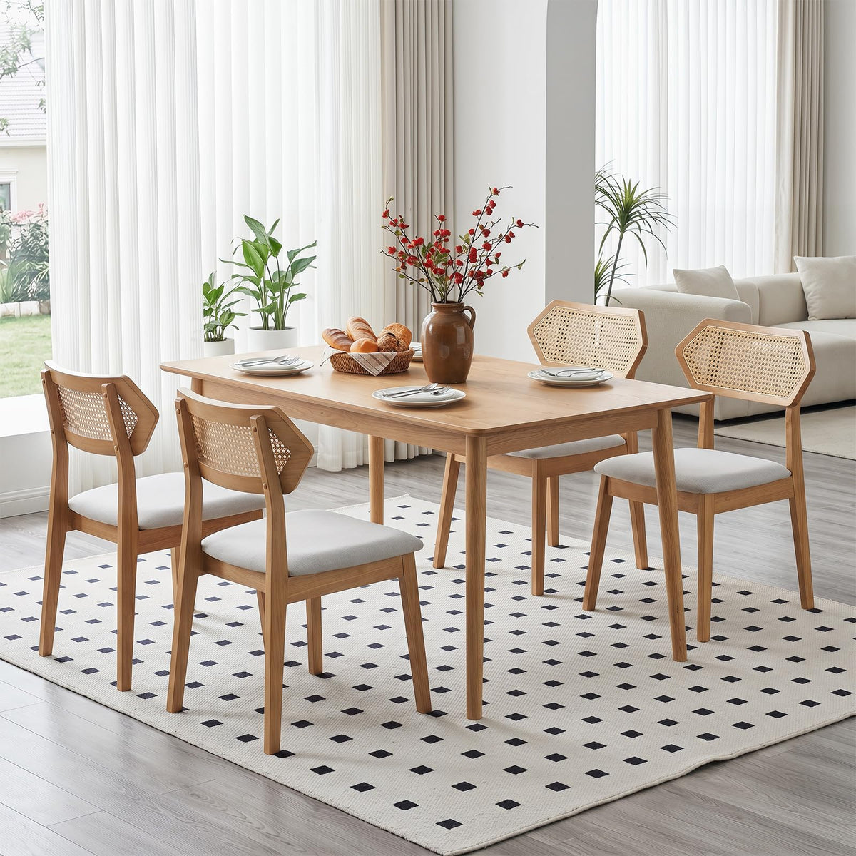 Goflame Wood Dining Chairs Set of 2/4 Rattan Upholstered with Solid Wood Frame