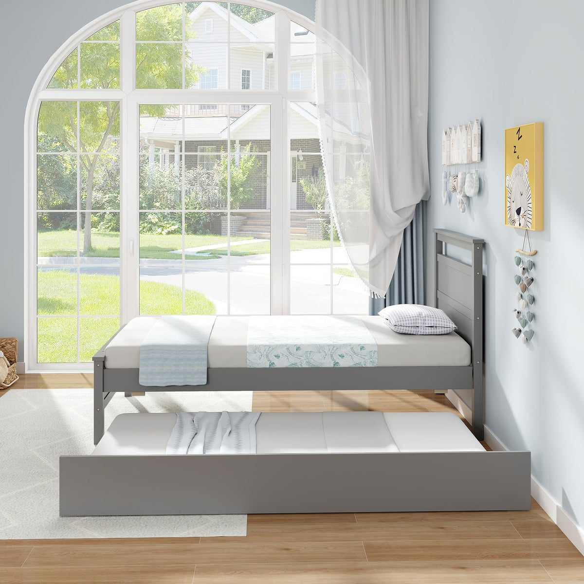 Goflame Trundle Bed Twin, Wood Day Bed Frame with Headboard & Footboard