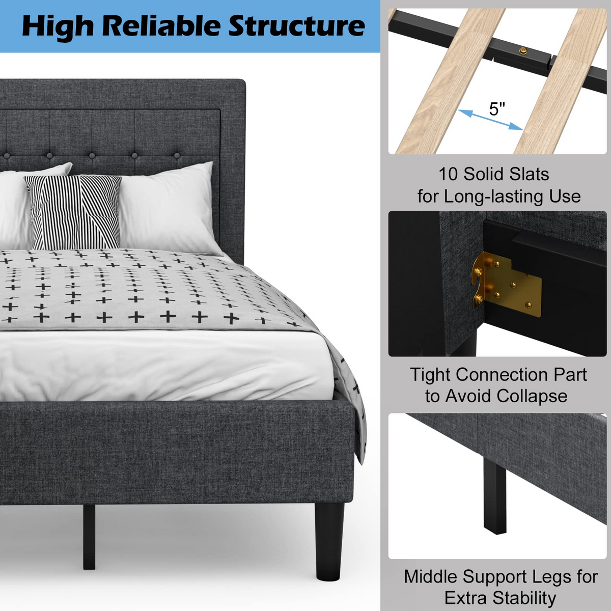 Modern Twin Size Platform Bed w/Button Tufted Headboard | Upholstered Bed Frame