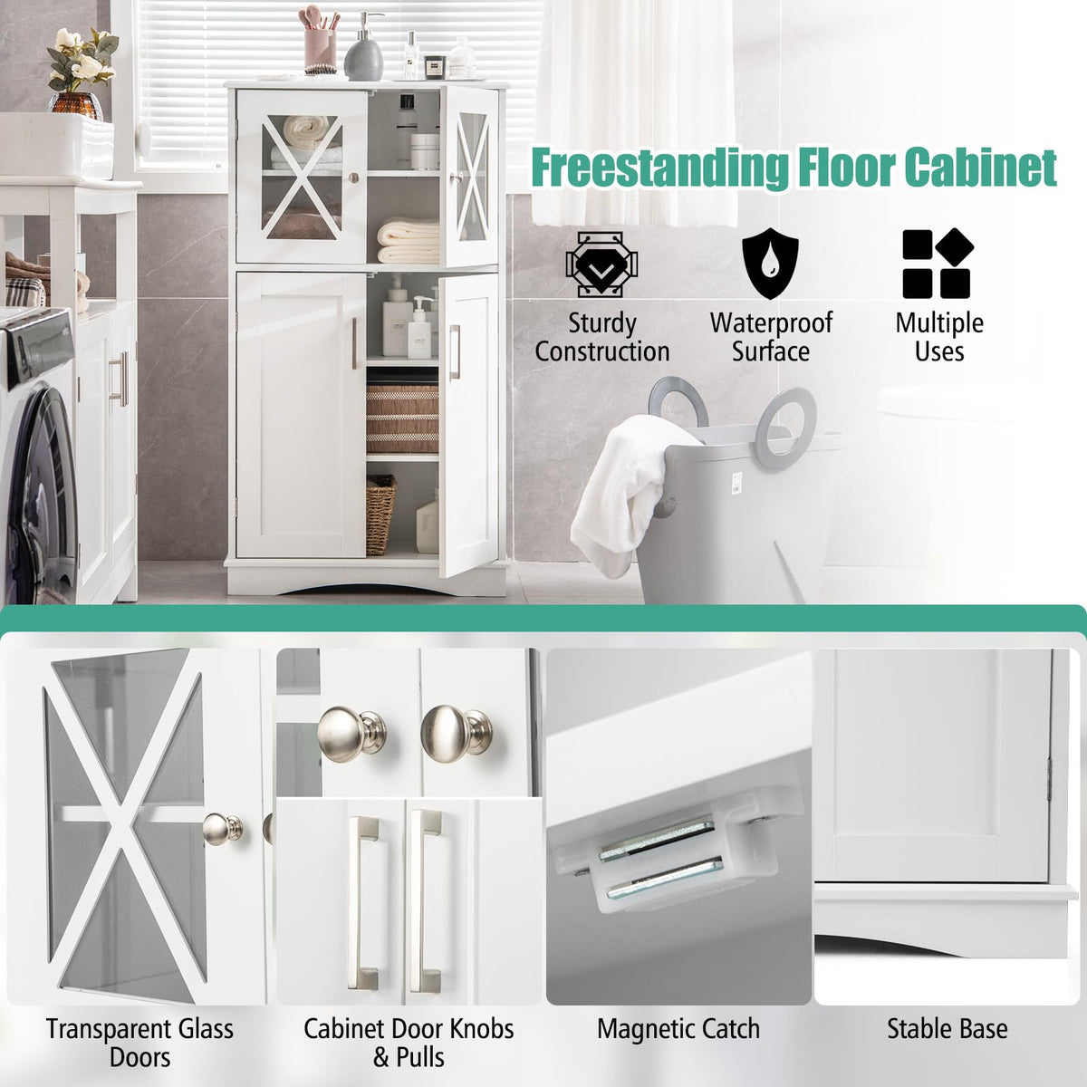 Goflame Bathroom Floor Storage Cabinet - Linen Floor Cabinet with Doors and Adjustable Shelves