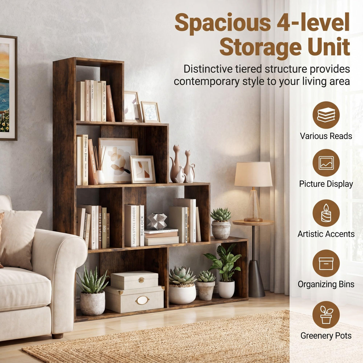 Goflame 6 Cube Geometric 4-Tier L-Shaped Bookcase with Cubes (1/2)