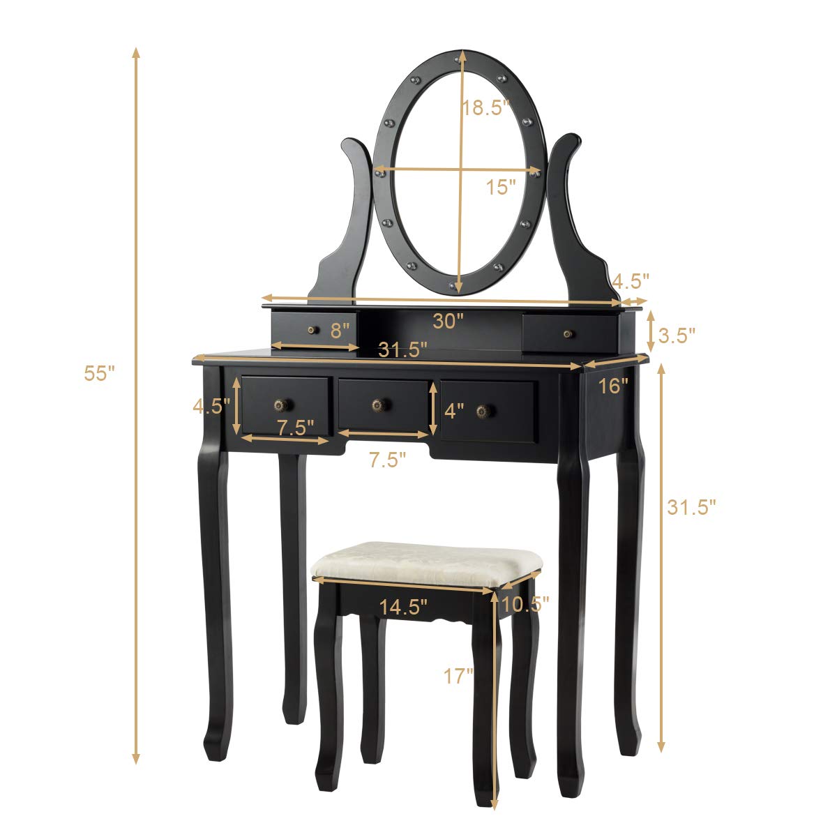 Vanity Set with 360° Rotating Oval Makeup Mirror, Dressing Table & Cushioned Stool Set with 5 Sliding Drawers & 12 LED Lights
